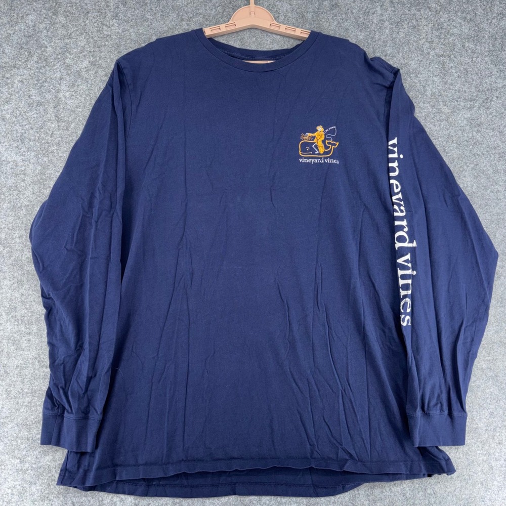 Vineyard Vines Mens XXL Navy Blue Skeleton Fisherman Whale Long Sleeve T-Shirt